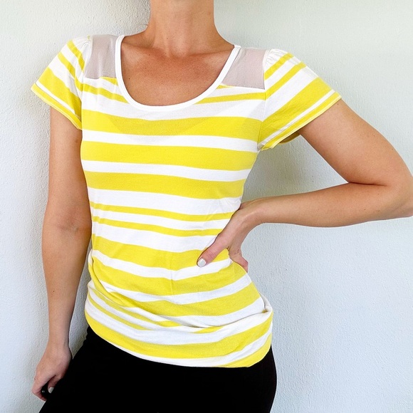 GAP yellow white stripe sheer mesh neckline short sleeve pima cotton tee small - Picture 2 of 14